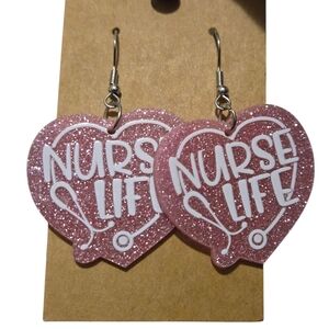 Nurse Life Pink Glitter Heart Acrylic Dangle Earrings